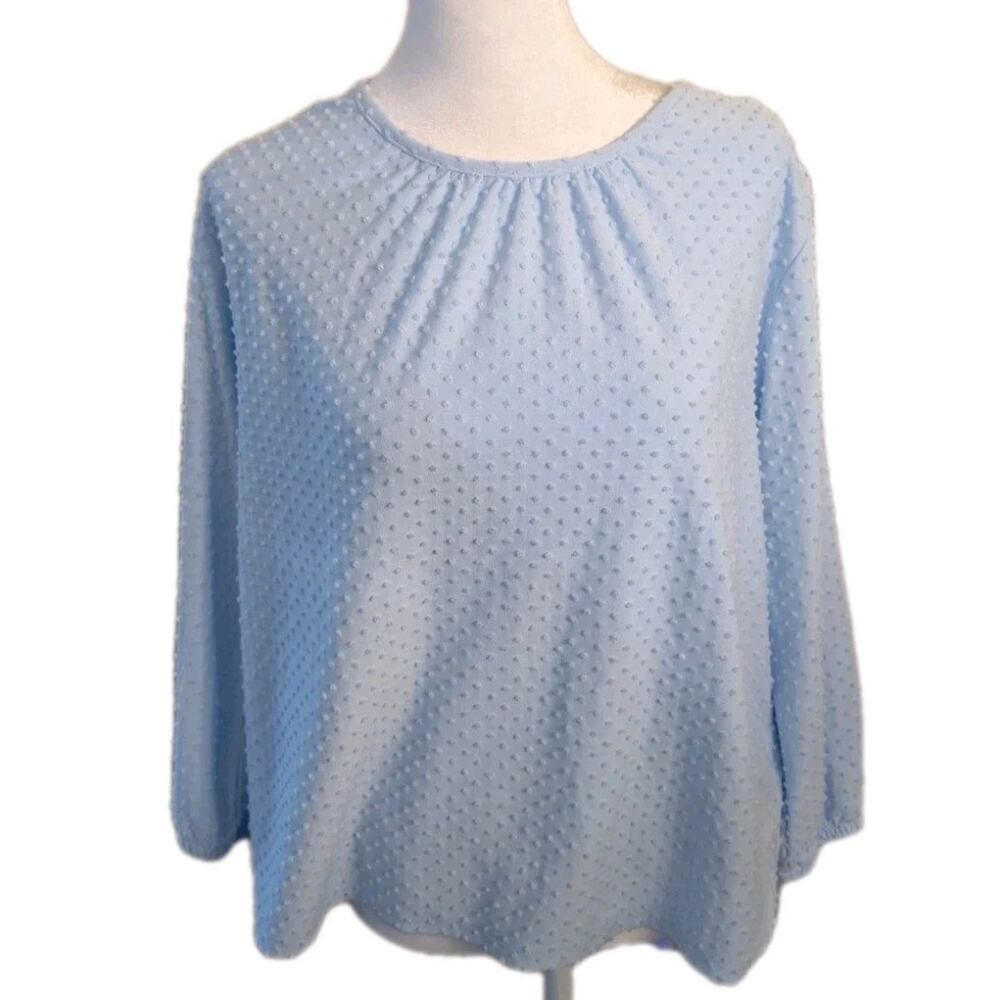 J.Crew Blue Clip Dot Poet 3/4 Sleeve Blouse Shirt Scoopneck Women's Size Large